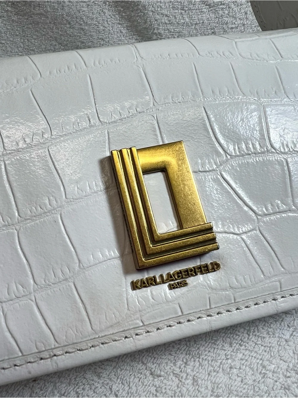 Karl Lagerfeld White Leather Croc-Embossed Shoulder Bag Purse
